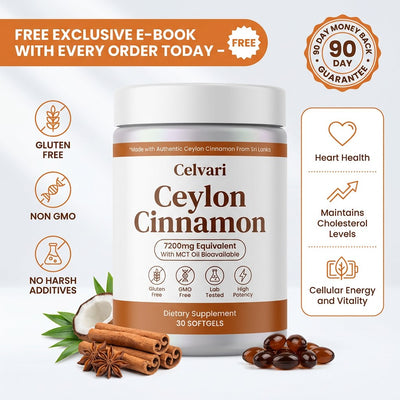 Celvari Ceylon Cinnamon, 30 softgels, 7200mg equivalent with MCT oil