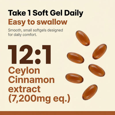 Take 1 softgel daily, 12:1 Ceylon cinnamon extract (7,200mg eq.)